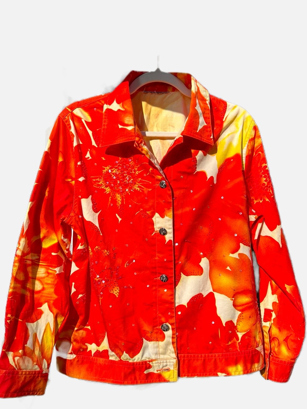 Chico's Orange Floral Sequin Bead Embellished Jacket Blazer XL (Read Desc)